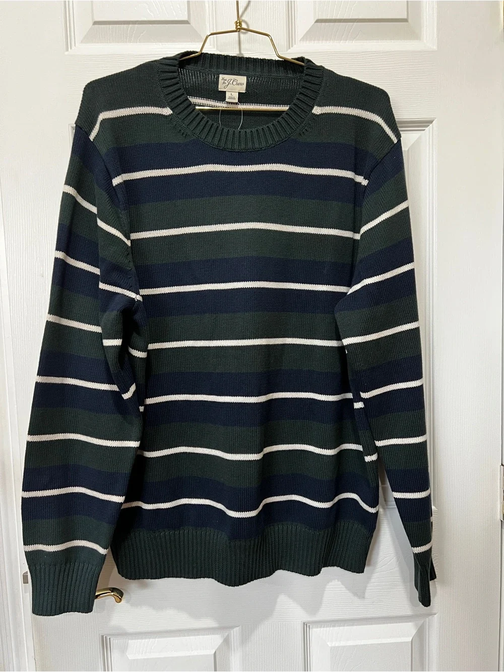 J.Crew Knit Heritage Crew Stripe Sweater Sz Large Cotton Green Navy Long Sleeve